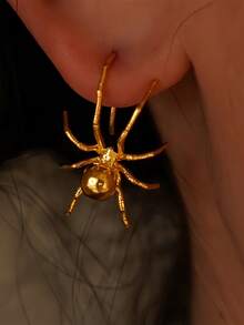1Pair Gold Tone Realistic Spider Stud Earrings, Punk Gothic Charm Earrings For Teen Girls Boys, Halloween Birthday Holiday Gift Accessory - Gold - View 2