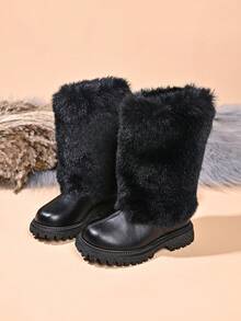 Children's Fashion New Long Fur Trim Soft Leather Boots - Black - View 2