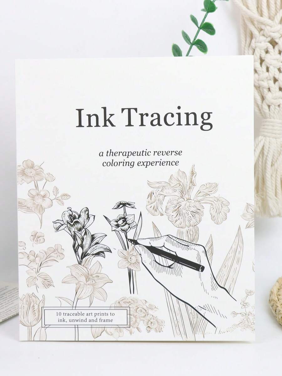 1pc [Ink Tracing Healing Book] 10 Floral Line Art For Tracing And Framing | Adult Stress Relief Art Manual | Reverse Coloring Creative Notebook | Healing Gift For Yourself Or Best Friend - Rectangle - View 1