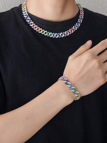 Rainbow Oil Drop Rhinestone Cuban Necklace, Colorful Enamel Chunky Chain Choker, Hip Hop Street Style Accessory, Versatile Personalized Jewelry For Music Festivals And Parties, Unisex - Colorful Chain - View 2