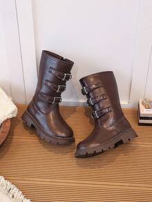 Girls' Brown Tall Riding Boots With Metal Buckle And Side Zipper, Warm Long Boots For Autumn/Winter - Brown - View 7