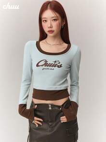 CHUU 女款字母印花 T-shirt 秋冬 2 合 1 拼接撞色修身打底短版上衣 - 藍色 - 查看 3