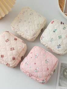Cartoon Floral Print Square Storage Bag, Women's Portable Sanitary Napkin Storage Pouch, Student Privacy Period Storage Bag, Quilted Small Item Organizer, Suitable For School, Business Trip, Travel, Compact And Portable, Autumn/Winter Essential,Travel Essential - Multicolor - View 5