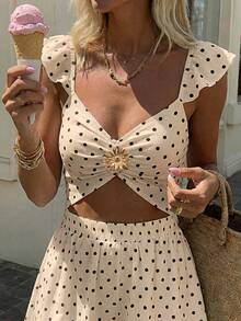 Women's Summer Sweet & Spicy Polka Dot Romper, Ruffled Twist Waist Crop Jumpsuit For Beach, Vacation & Everyday Wear, Boho Chic - Multicolor - View 4