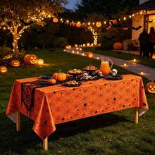 Tablecloth, 3PCS/1PC Halloween Theme Orange Spider Web Rectangular Party Tablecloth, Plastic Disposable Halloween Spider Web Tablecloth, Day Of The Dead Outdoor Halloween Party Decoration (Orange) 54" X 108" - Orange - View 7