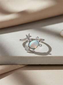 Fantasy Sparkling Opal Turtle & Star Separable Ring, Silver Plated Rhinestone Zirconia Open Adjustable Finger Ring, Minimalist Ocean & Sky Theme Jewelry - White - View 3
