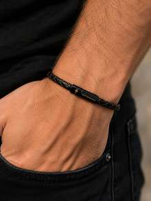 Fashion Handmade 4mm Genuine Leather Bracelet Bangle Black Easy Hook Letter Cross For Men Armband Jewelry Men - Men's Leather Bracelets - View 1