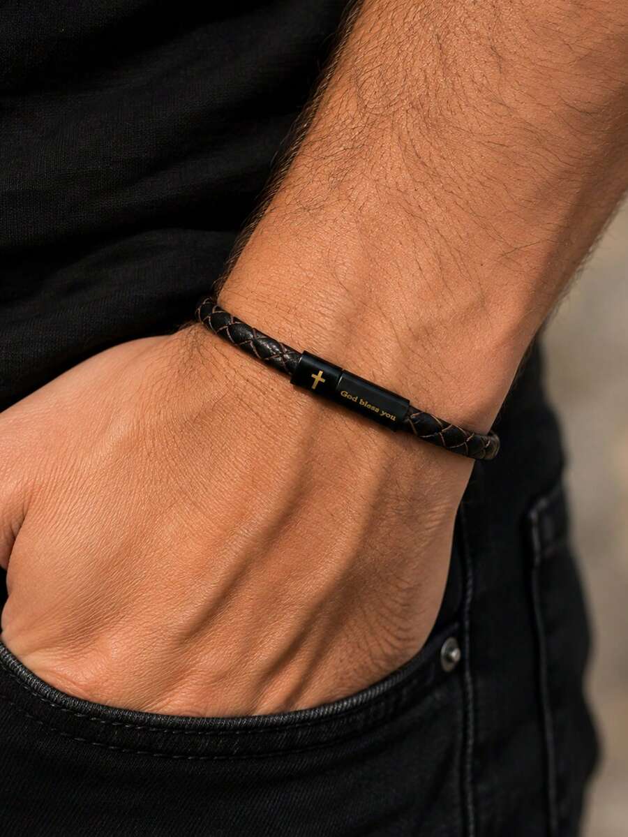 Fashion Handmade 4mm Genuine Leather Bracelet Bangle Black Easy Hook Letter Cross For Men Armband Jewelry Men - Men's Leather Bracelets - View 1