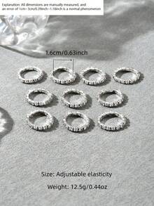 10件/套鐵環戒指組，水鑽與可疊戴素面戒指，優雅女性手指飾品，適合日常配戴與派對 - 銀色 - 查看 4