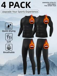 OKP 4-Piece Men's Thermal Underwear Set, Thermal Shaping Suit For Autumn And Winter, Base Layer Set For Home And Casual Wear - Black - View 1