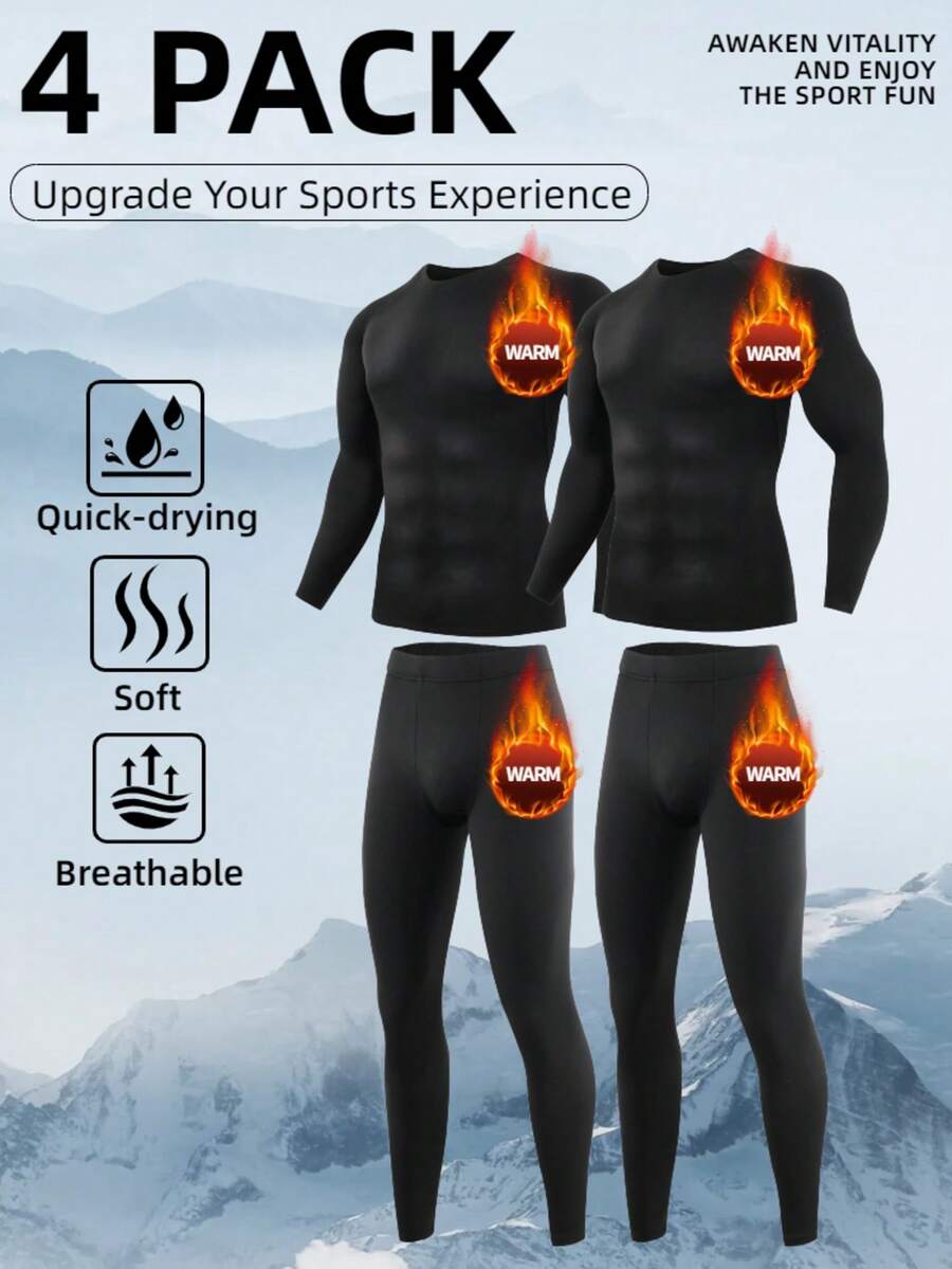 OKP 4-Piece Men's Thermal Underwear Set, Thermal Shaping Suit For Autumn And Winter, Base Layer Set For Home And Casual Wear - Black - View 1