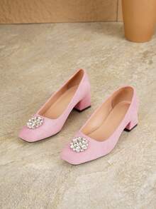 AMROUO 2026 New Elegant Suede Square Toe 4.5cm Block Heel Pumps With Rhinestone Flower Buckle Decor, Soft And Comfortable, Fashion Women's Shoes For Dress, Formal, Date, Commute, Party And Multi-Occasion Wear - Baby Pink - View 6