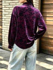 Women's Purple Velour Floral Jacquard Button Front Collared Long Sleeve Shirt For Business, Office, Commute, Vacation, Holiday, Spring Fall Winter - Dark Purple - View 5