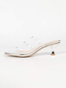 Women Square Toe Clear Rivet Straps Metallic Silver Mid Heel Mule Sandals Slip On Summer Casual Party Heels - Clear - View 8