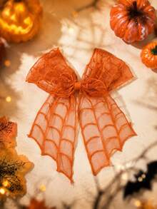 1pc Halloween Orange Spider Web Embroidered Mesh Bow Hair Clip, Cute Hair Accessory For Girls, Party Hair Accessory - Multicolor - View 6