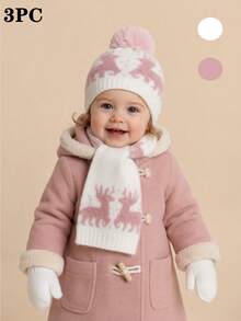 3pcs Deer Jacquard Knit Beanie, Scarf And Gloves Set, Warm For Autumn/Winter, Suitable For Daily, Outdoor, Christmas And New Year - Fawn - View 2