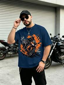 Plus Size Men's Navy Blue LIVE TO RIDE Racing Rider Splatter Print English Double-Sided Graphic Short Sleeve American Motorcycle Loose Fit Casual Sports T-Shirt - Navy Blue - View 1