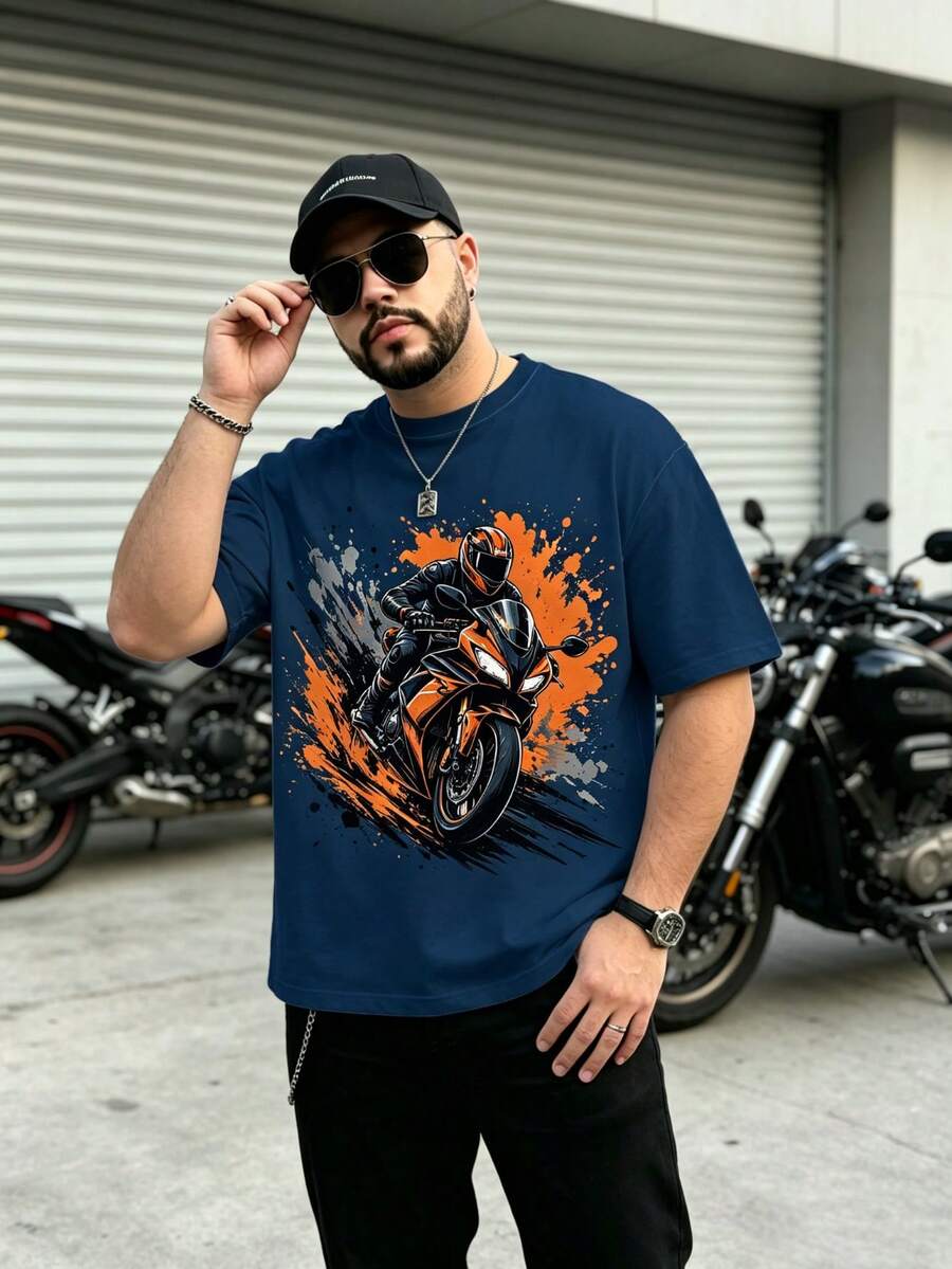 Plus Size Men's Navy Blue LIVE TO RIDE Racing Rider Splatter Print English Double-Sided Graphic Short Sleeve American Motorcycle Loose Fit Casual Sports T-Shirt - Navy Blue - View 1