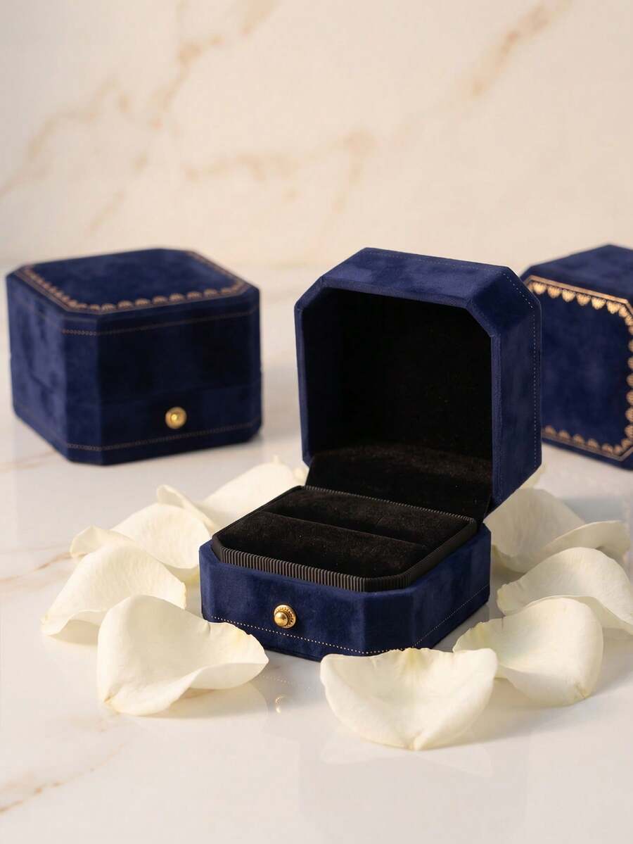 1個海軍藍天鵝絨婚戒盒，優雅驚喜訂婚戒指墊，適合新娘，浪漫儀式求婚配件，可用於求婚、訂婚、婚禮配件與婚禮裝飾