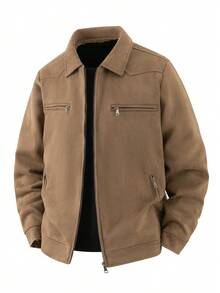 Men's Spring/Autumn Casual Jacket With Zipper Closure And Zipper Pockets, Lapel Collar, Workwear Style, Faux Suede Fabric, Suitable For Daily Life, Work, Travel And Formal Wear - Brown - View 3
