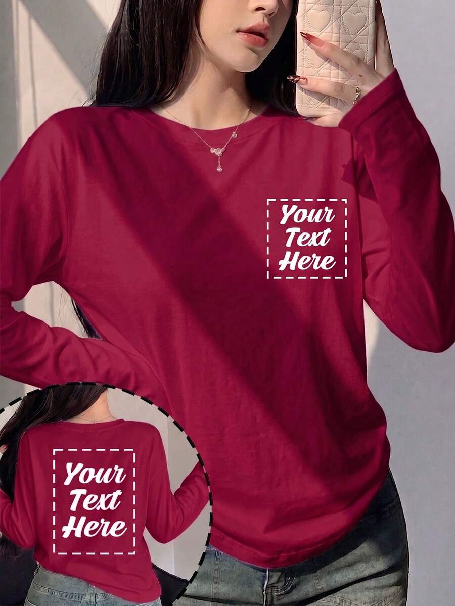 客製化女款長袖T恤－可添加您的文字，客製化文字/訊息/生日祝福，個性化文字客製運動衫 - 酒紅色 - 查看 1