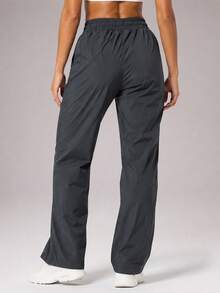 CZRLHYT Women's Summer Elastic Waist Drawstring Straight Woven Pants, Casual Outdoor Vacation Airport Office Work Pants - Dark Grey - View 4