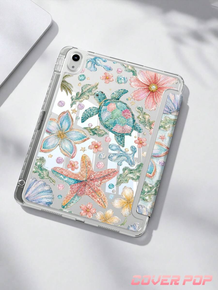 海龜與椰子樹扶桑花圖案平板保護殼,相容 iPad Air 8 (M4) 2026 (11 吋) / 2026 (13 吋)、9.7/10.2/10.5/10.9/12.9/Pro 11/A16、第 10 代、Kindle Paperwhite 第 12 代 2024、Kindle (第 11 代 - 2024 發行),柔軟防震,智慧休眠/喚醒功能,Y 型折疊平板保護殼,多角度觀看 - 彩色 - 查看 1
