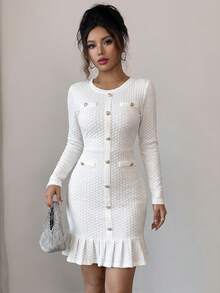 Elegant White Knitted Bodycon Long Dress For Women, Long Sleeve With Gold Buttons, Perfect For Fall Casual Wear - White - View 1