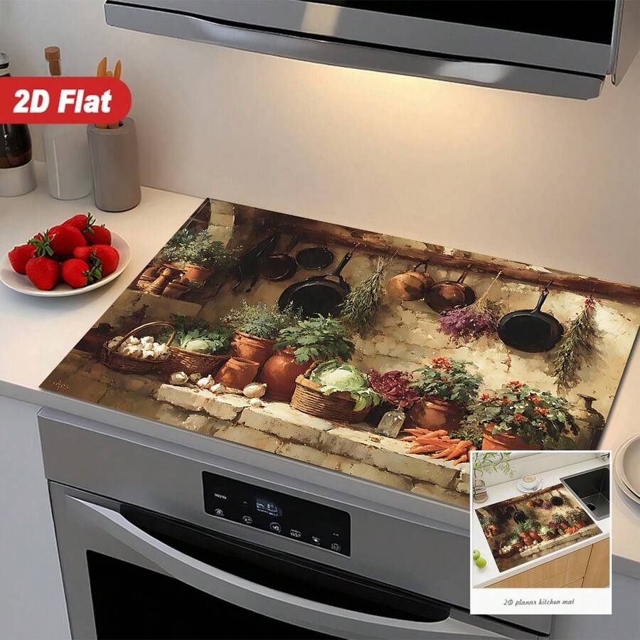 1pc 2D Printed Flat Stove Protector Mat, Rubber Non-Slip Heat-Resistant Stove Cover Pad, Suitable For Induction Cooktop, Glass Stove, Multi-Functional Scratch-Resistant Mat, Best Choice For Oven, Washing Machine, Dryer, Kitchen Decor. - Multicolor - View 1