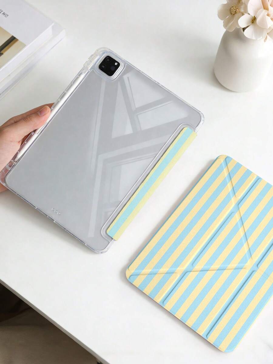 1件黃藍條紋平板保護殼,適用於 iPad Mini6/7/Air/Air2/9.7/10.2/10.5/10.9 (Air4-Air8)/Pro 11/10th Gen/A16/Pro 11 2024,彩繪圖案平板套,透明壓克力背殼,絲綢質感 8 角支架,自動休眠/喚醒,內置筆槽,不含筆,部分機型附相機框 - 彩色 - 查看 1