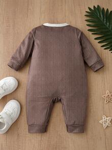 Brown Herringbone Faux Suit Newborn Romper, 2 Pieces Style Shirt & Vest Jumpsuit For Party And Photo Shoot - Camel - View 6