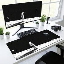 Alfombrilla de ratón y tapete de escritorio extra largo con patrón de ilustración de astronauta, luna y observación de estrellas en blanco y negro, base de goma antideslizante y duradera, superficie suave apta para computadora, portátil, oficina y hogar, decoración de arte abstracto, útiles escolares - A - Ver 2