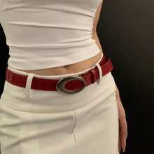American Retro Y2K Women's 2024 New Red Crocodile Embossed Leather Belt, Minimalist High-End Accessory - Multicolor - View 1
