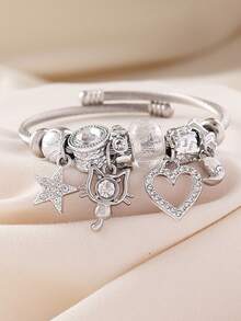 1 buah Gelang Bangle Terbuka DIY Manik-manik Hati Kucing Berlian Imitasi Elegan untuk Wanita, Cocok untuk Pemakaian Sehari-hari dan Pesta - Perak - View 1