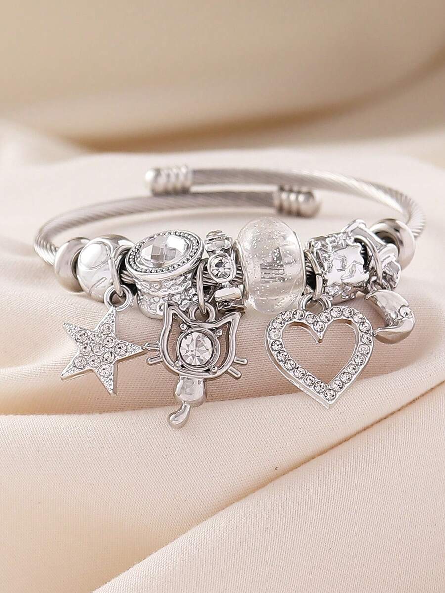 1 buah Gelang Bangle Terbuka DIY Manik-manik Hati Kucing Berlian Imitasi Elegan untuk Wanita, Cocok untuk Pemakaian Sehari-hari dan Pesta - Perak - View 1