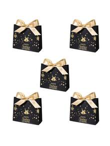 5pcs Merry Christmas Gift Bags With Satin Ribbon Bows, Gold Foil Bells Snowflakes Stars And Reindeer Print, Assorted Color Mini Packaging For Jewelry, Small Presents, Xmas Party Favors, Stocking Fillers And Holiday Gift Exchange - 11.5X4.5X10cm - View 15