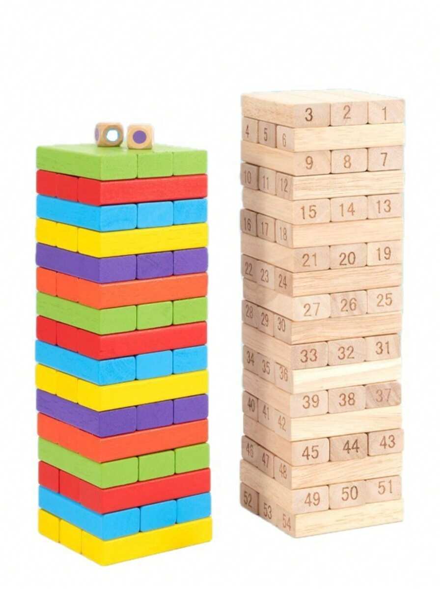 Menara Balok Kayu Angka Warna-warni 54 Buah, Balok Susun Kayu, Permainan Membangun Domino, Permainan Meja Interaktif, Meningkatkan Koordinasi Mata-Tangan dan Konsentrasi, Mainan Santai untuk Pesta Keluarga dan Kelompok, Aksesoris Termasuk
