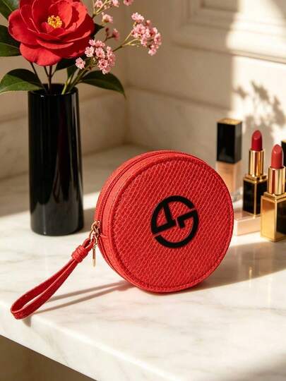 Red Round Zipper Makeup Pouch With Wrist Strap Classic Logo Portable Cosmetic Storage Bag For Daily Travel Use ARMANI‑GIFT‑38