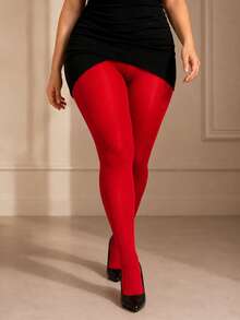 Women's Plus Size Red Semi-Opaque High Waist Pantyhose, Smooth Stretch Footed Tights For Holiday Party, Office, Date Night And Elegant Fashion Outfits - Red - View 5