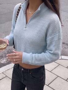 Women's Knit Sweater With Turn-Down Collar, Stand Collar, Multi-Wear Zipper, Minimalist Sporty Solid Color Hollow-Out Sheer Loose Casual Top For Spring, Autumn And Winter - Baby Blue - View 8