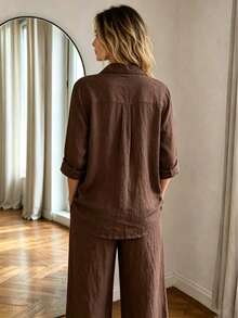 Plus Size Women's Collared Rolled Sleeve Button Front Shirt + Wide Leg Pants 2 Pieces Set, Autumn Casual Loose Fit Outfit - Coffee Brown - View 9