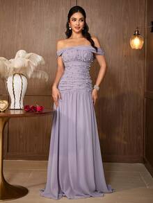 Gaun Formal Panjang Lipit Berpayet Warna Blok Bahu Terbuka Elegan untuk Wanita, Gaun Pesta 2-in-1 yang Menawan dengan Hem Mengembang - Mauve Purple - View 3