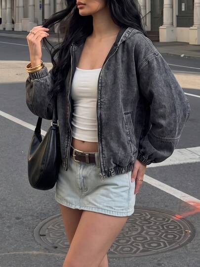 Black Grey Distressed Washed Hooded Denim Jacket For Women Full Zip Loose Fit Elastic Cuffs Hem Vintage Streetwear Denim Coat