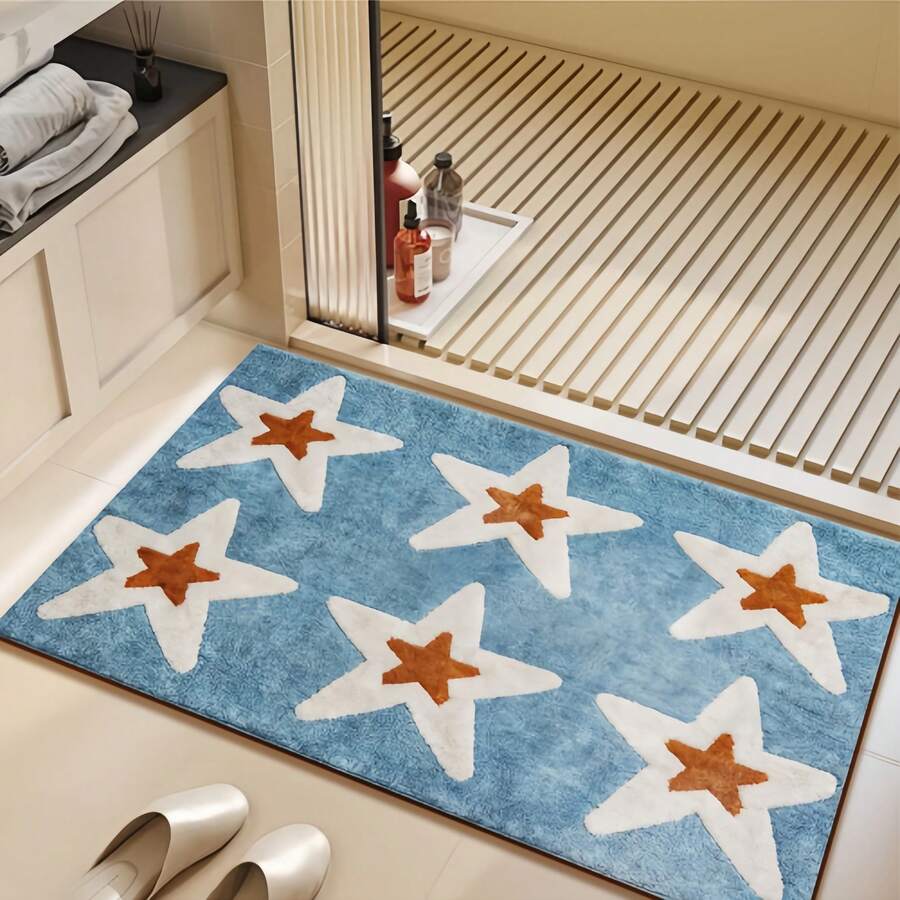 1pc Blue Background White & Brown Five-Pointed Star Pattern Bathroom Mat, Bathroom Rug, Blue Background White & Brown Five-Pointed Star Pattern Doormat, Small Rug, Carpet, Floor Mat, Home Decor, Area Rug, Outdoor Mat, Home Decor, Area Carpet, Bedroom Rug, Washable Carpet - Multicolor - View 1