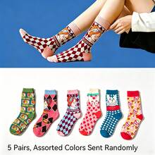5 Pairs Women's Random Print Socks, Multicolor Cartoon Pattern, Soft Cotton Blend Comfortable And Cute, Vintage Casual Style - Multicolor - View 4
