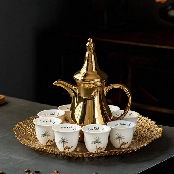 Tasse à café Qahwa en céramique mini avec motif chameau et datte, tasse à café Qahwa arabe, service à thé traditionnel du Moyen-Orient, décoration de table pour le Ramadan, tasse de service pour les invités