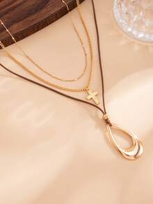 3pcs/Set Bohemian Vintage Layered Necklace With Cross, Leather Cord And Hollow Large Water Drop Pendant, Women's Autumn/Winter Sweater/Coat Vacation/Date Atmosphere Accessory Gift - Gold - View 4