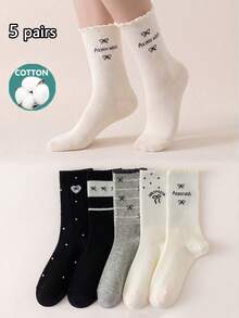 1/5 Pairs Women's Sweet Bow Mid-Calf Socks, Cotton Socks, Soft & Breathable, Personalized, Preppy Style, Suitable For Home, Commute, Holiday Gift - Multicolor - View 4
