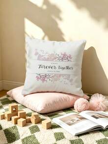 1pc Pink Floral Graphic Customized Pillowcase, Personalized Name & Date Handwritten Font Print Cushion Cover, Couple Keepsake Love Gift Pillowcase, Home Decor Bed Headboard Sofa Square Pillowcase, Pillow Insert Not Included - Multicolor - View 2