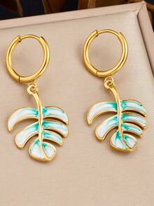 1 Pair Gold Tone Huggie Hoop Earring Color Swirl Enamel Monstera Leaf Charm Dangle Earrings Summer Boho Aesthetic Accessories - Leaves - View 9
